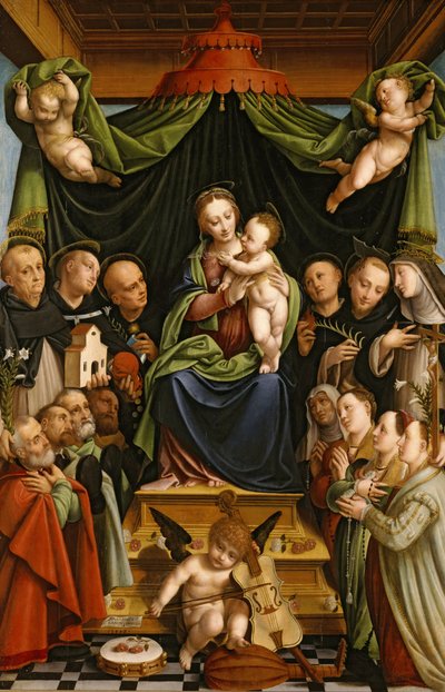 Madonna en Kind op de troon met heiligen en schenkers door Bernardino Lanino